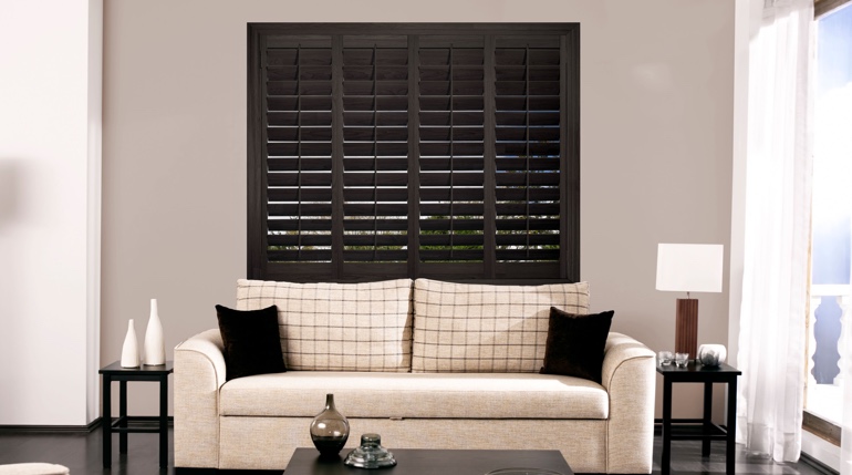 New Brunswick living room with plantation shutters.